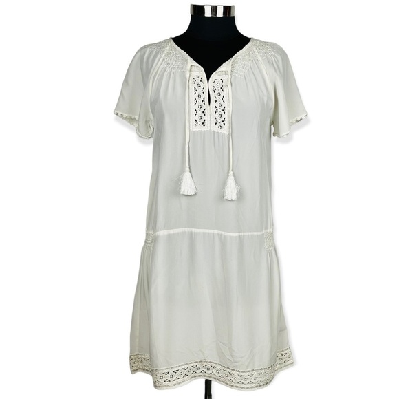 CALYPSO ST. BARTH SILK SMOCKED NOTCH TUNIC CROCHET LACE SEQUIN TRIM MINI DRESS - Picture 2 of 14